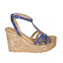 Woman's strap sandal in blue suede with golden studs and platform and wedge heel 9 - Available sizes:  31, 32, 33, 34