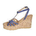 Woman's strap sandal in blue suede with golden studs and platform and wedge heel 9 - Available sizes:  31, 32, 33, 34
