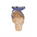 Woman's strap sandal in blue suede with golden studs and platform and wedge heel 9 - Available sizes:  31, 32, 33, 34