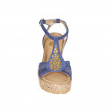 Woman's strap sandal in blue suede with golden studs and platform and wedge heel 9 - Available sizes:  31, 32, 33, 34