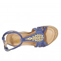 Woman's strap sandal in blue suede with golden studs and platform and wedge heel 9 - Available sizes:  31, 32, 33, 34