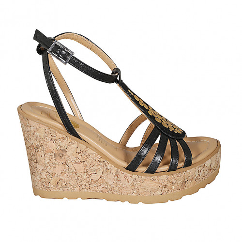 Woman's strap sandal in black leather with golden studs and platform and wedge heel 9 - Available sizes:  31, 32, 33, 34