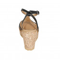 Woman's strap sandal in black leather with golden studs and platform and wedge heel 9 - Available sizes:  31, 32, 33, 34