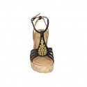 Woman's strap sandal in black leather with golden studs and platform and wedge heel 9 - Available sizes:  31, 32, 33, 34