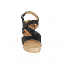 Woman's sandal in black leather and dark copper printed suede with crossed straps and platform wedge heel 7 - Available sizes:  31, 32, 33, 34