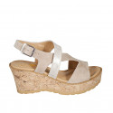Woman's sandal in beige and laminated platinum suede with crossed straps and platform wedge heel 7 - Available sizes:  31, 33
