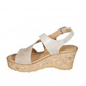 Woman's sandal in beige and laminated platinum suede with crossed straps and platform wedge heel 7 - Available sizes:  31, 33
