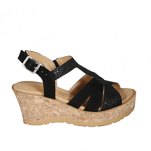 Sandalo da donna con cinturino in camoscio nero e stampato a pois neri con plateau e zeppa 7 - Misure disponibili: 31, 32, 33, 34