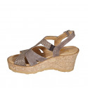 Woman's sandal in taupe suede and platinum laminated dot-printed suede with platform and wedge heel 7 - Available sizes:  31, 33