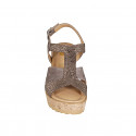 Woman's sandal in taupe suede and platinum laminated dot-printed suede with platform and wedge heel 7 - Available sizes:  33, 34