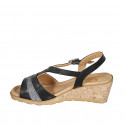 Woman's sandal in black leather with glitter silver fabric wedge heel 5 - Available sizes:  33, 34, 42, 44, 45
