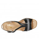 Woman's sandal in black leather with glitter silver fabric wedge heel 5 - Available sizes:  33, 34, 42, 44, 45