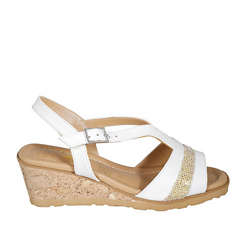 Woman's sandal in white leather with glitter platinum fabric wedge heel 5 - Available sizes:  32, 33, 42, 43, 44, 45