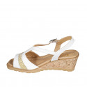 Woman's sandal in white leather with glitter platinum fabric wedge heel 5 - Available sizes:  32, 33, 42, 43, 44, 45