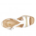 Woman's sandal in white leather with glitter platinum fabric wedge heel 5 - Available sizes:  32, 33, 42, 43, 44, 45