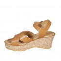 Woman's strap sandal in cognac brown leather with crossed straps and platform and wedge heel 7 - Available sizes:  32, 33, 34