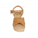 Woman's strap sandal in cognac brown leather with crossed straps and platform and wedge heel 7 - Available sizes:  32, 33, 34