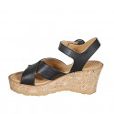 Woman's strap sandal in black leather with crossed straps and platform and wedge heel 7 - Available sizes:  31, 32, 33, 34