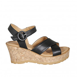 Woman's strap sandal in black leather with crossed straps and platform and wedge heel 7 - Available sizes:  31