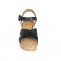 Woman's strap sandal in black leather with crossed straps and platform and wedge heel 7 - Available sizes:  31, 32, 33, 34