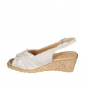 Woman's sandal in beige suede with platinum laminated printing wedge heel 5 - Available sizes:  32, 33, 34, 42, 43, 45