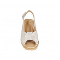 Woman's sandal in beige suede with platinum laminated printing wedge heel 5 - Available sizes:  32, 33, 34, 42, 43, 45
