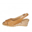 Woman's sandal in cognac brown leather wedge heel 5 - Available sizes:  32, 33, 42, 44