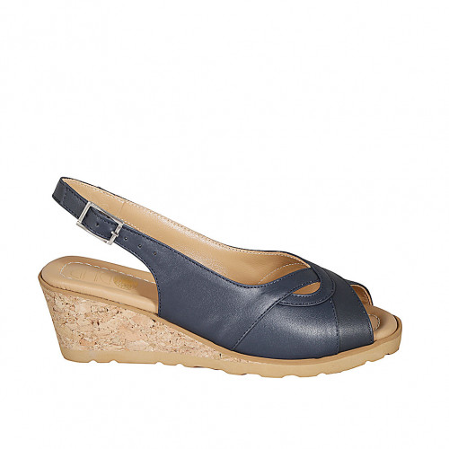 Woman's sandal in dark blue leather wedge heel 5 - Available sizes:  33, 34, 42, 43, 44, 45