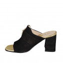 Woman's mules in black suede with buckle in multicolored rhinestones heel 8 - Available sizes:  32, 33, 34, 43, 45, 46