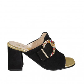 Woman's mules in black suede with buckle in multicolored rhinestones heel 8 - Available sizes:  32, 33, 34, 46
