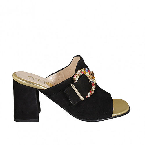 Woman's mules in black suede with buckle in multicolored rhinestones heel 8 - Available sizes:  32, 33, 34, 43, 45, 46