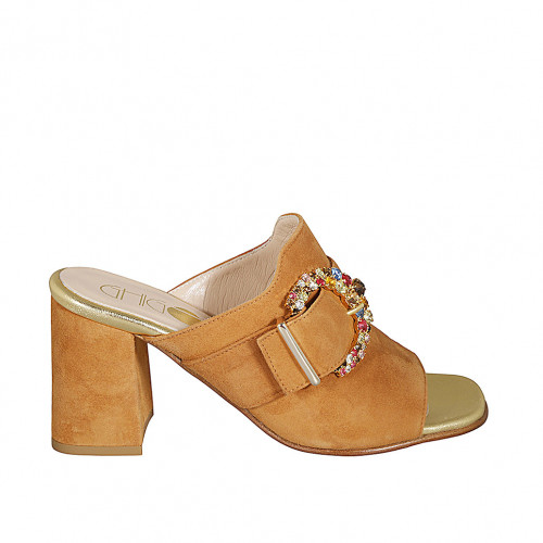 Woman's mules in cognac brown suede with buckle in multicolored rhinestones heel 8 - Available sizes:  32, 34, 42, 43, 44, 45, 46