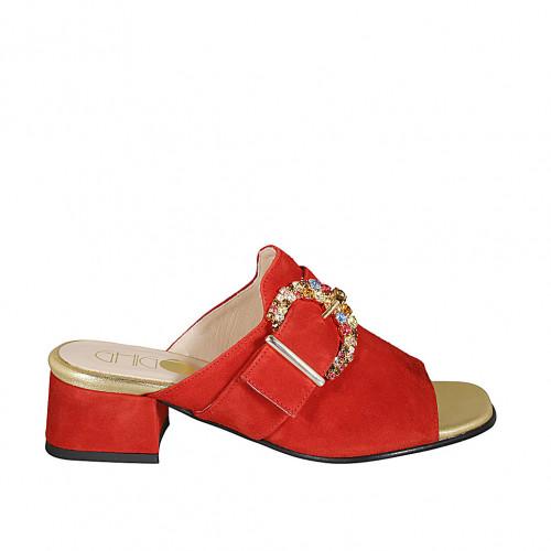 Woman's mules in red suede with buckle in multicolored rhinestones heel 4 - Available sizes:  33, 34, 42, 44, 45, 46