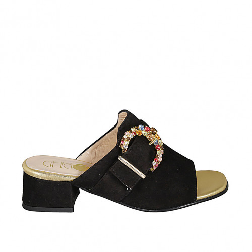 Sabot da donna con in camoscio nero con  fibbia in strass multicolor tacco 4 - Misure disponibili: 33, 34, 42, 43, 45, 46