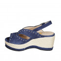 Woman's sandal in blue suede with studs, platform and coated wedge heel 7 - Available sizes:  32, 34, 42, 43, 44, 45