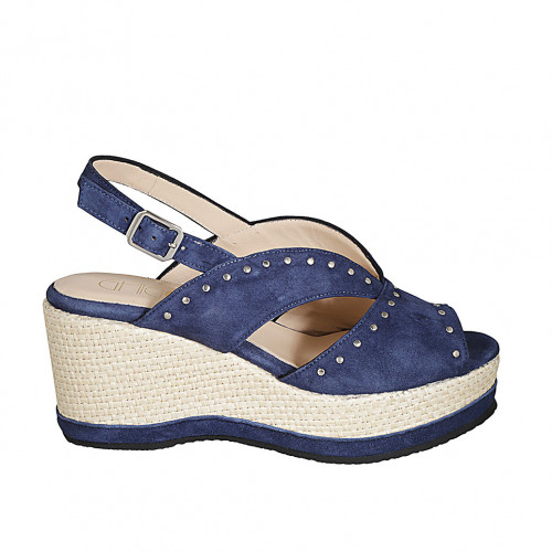 Woman's sandal in blue suede with studs, platform and coated wedge heel 7 - Available sizes:  32, 34, 42, 43, 44, 45