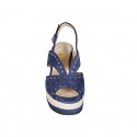 Woman's sandal in blue suede with studs, platform and coated wedge heel 7 - Available sizes:  32, 34, 42, 43, 44, 45