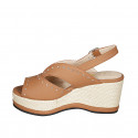 Woman's sandal in cognac leather with studs, platform and coated wedge heel 7 - Available sizes:  42, 43, 44, 45