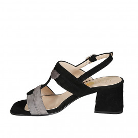 Sandalo da donna con doppie fascie bicolor in camoscio nero e grigio tacco 6 - Misure disponibili: 44 2