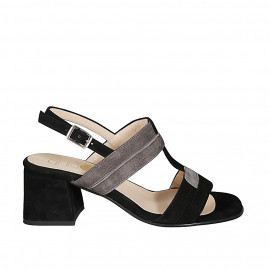 Sandalia para mujer con dobles tiras bicolor en gamuza negra y gris tacon 6 - Tallas disponibles:  44
