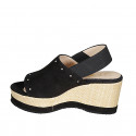 Sandale pour femmes en daim noir avec goujons, bande elastique et talon compensé 7 - Pointures disponibles:  34, 42, 43, 44, 45, 46