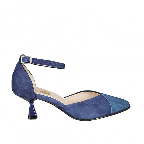 Woman's pointy open shoe with strap in blue and light blue suede heel 6 - Available sizes:  42, 43