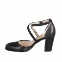 Woman's open shoe with crossed strap in black leather heel 8 - Available sizes:  32, 33, 43, 44