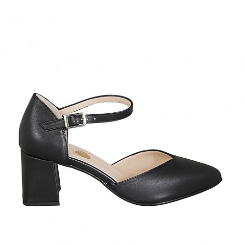 Zapato abierto puntiagudo con cinturon para mujer en piel negra tacon 6 - Tallas disponibles:  32, 33, 34, 43, 44, 46