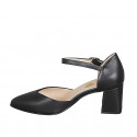 Woman's pointy open shoe with strap in black leather heel 6 - Available sizes:  32, 33, 34, 43, 44, 46