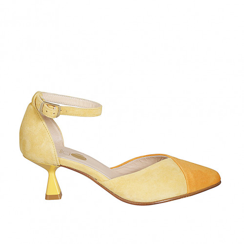 Zapato abierto puntiagudo con cinturon para mujer en gamuza amarilla y anaranjada tacon 6 - Tallas disponibles:  33, 42, 43, 44, 45, 46