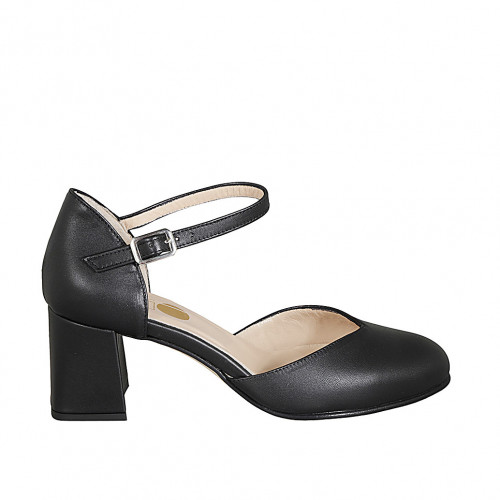 Woman's open shoe with rounded tip and strap in black leather heel 6 - Available sizes:  33, 34, 43, 44, 45, 46