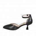 Woman's pointy open shoe with strap in black leather heel 6 - Available sizes:  33, 34, 42, 43, 44, 45