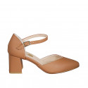 Zapato abierto puntiagudo con cinturon para mujer en piel color cognac tacon 6 - Tallas disponibles:  34, 42, 43, 44, 45, 46