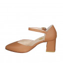 Woman's pointy open shoe with strap in cognac brown leather heel 6 - Available sizes:  34, 42, 43, 44, 45, 46